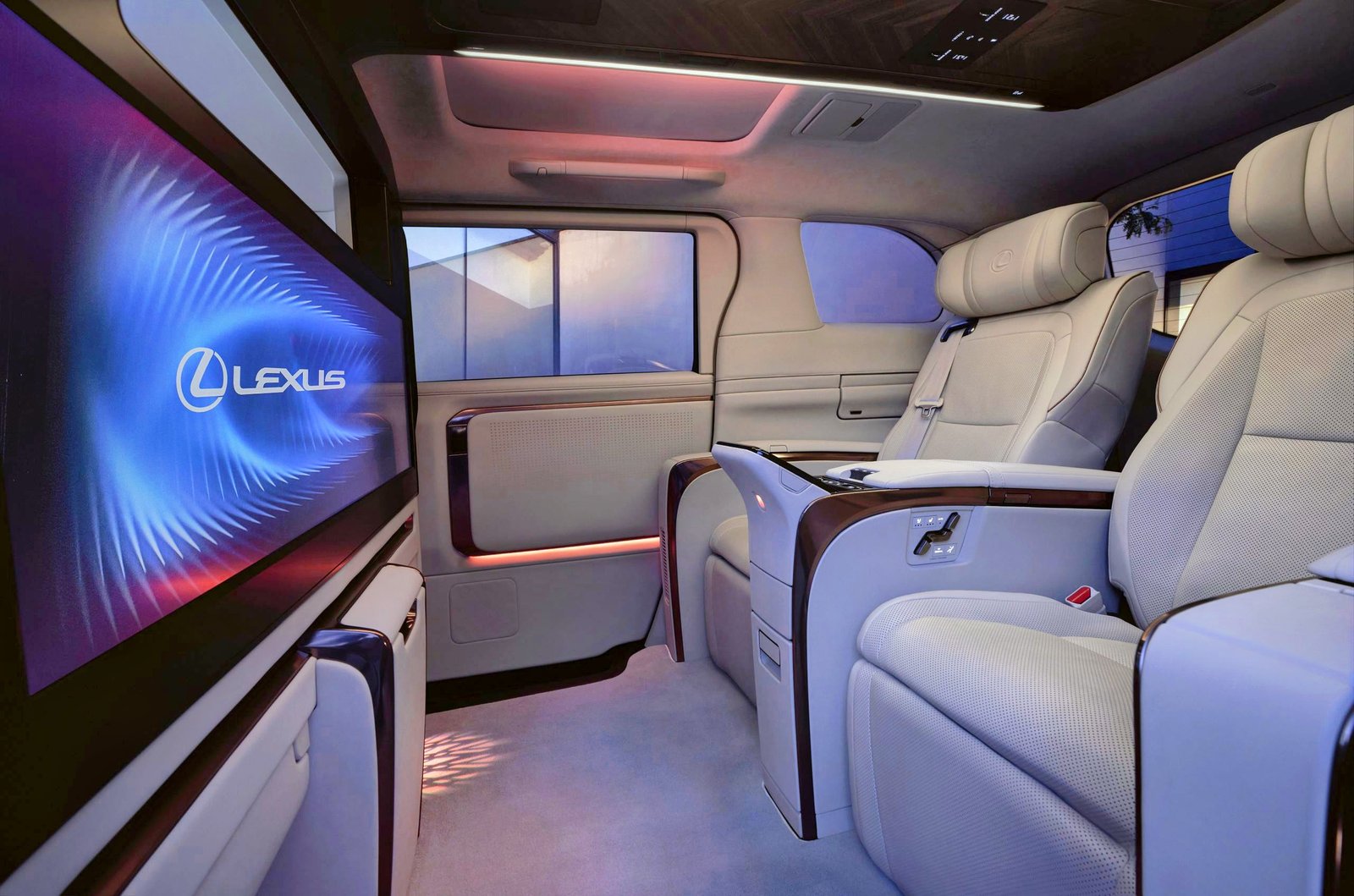 Lexus LM500h rear cabin with large display and luxury seating